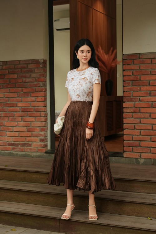 Sixdo Brown Floral Cotton Tshirt